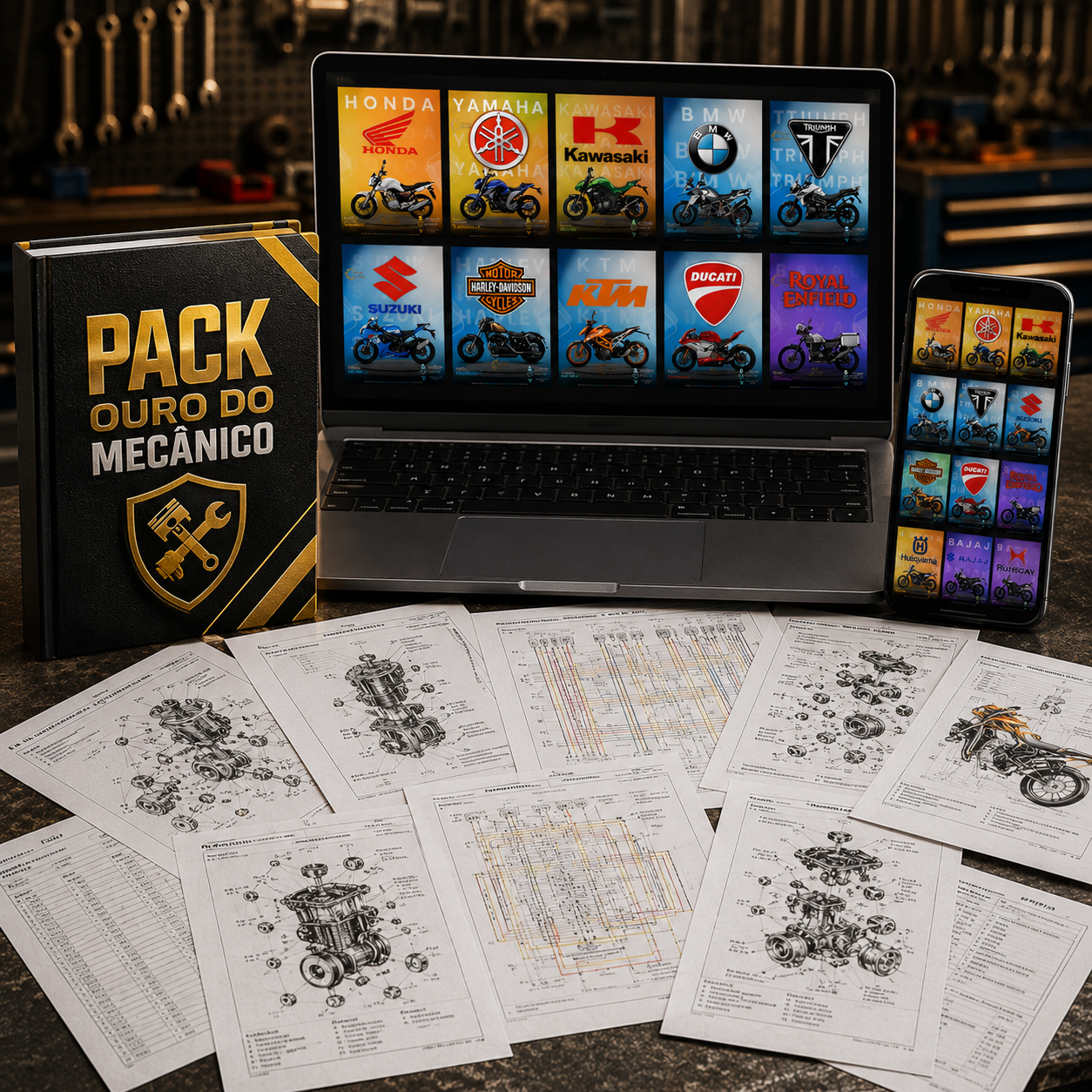 Conteúdo do Pack Ouro do Mecânico em notebook e celular